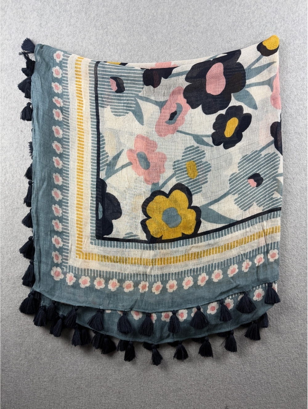 Spartina 449 Floral Square Scarf Blue Pink Yellow Tassel Linen Viscose Boho